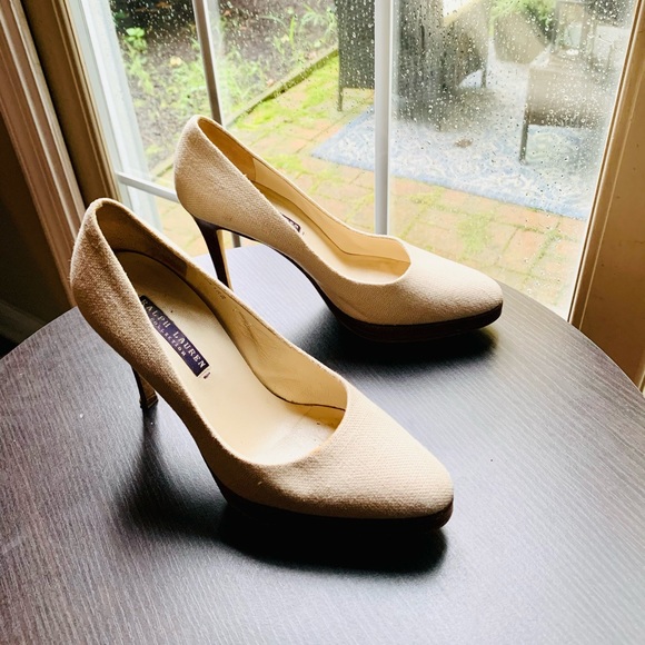 Ralph Lauren Purple Label Ivory Linen Heels sz 6 - Picture 2 of 9